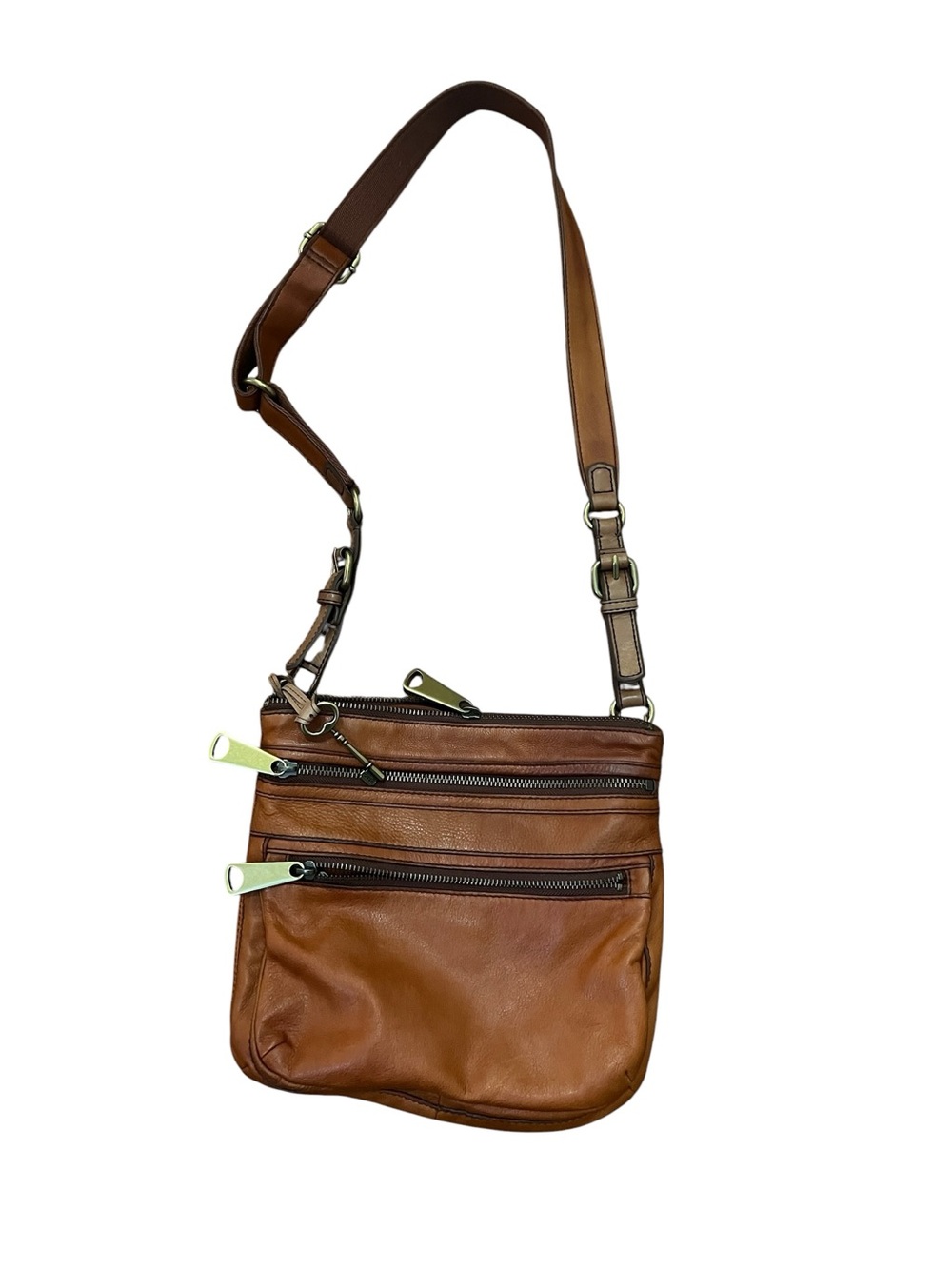 FOSSIL vintage cognac leather crossbody with oversized zippers & key 🔑 charm